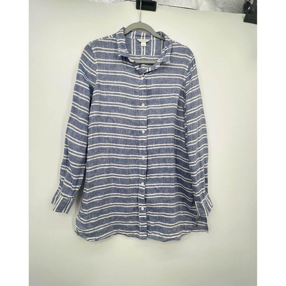 Garnet Hill Easy Linen Tunic Womens M Striped Long Sleeve Coastal Beach Resort